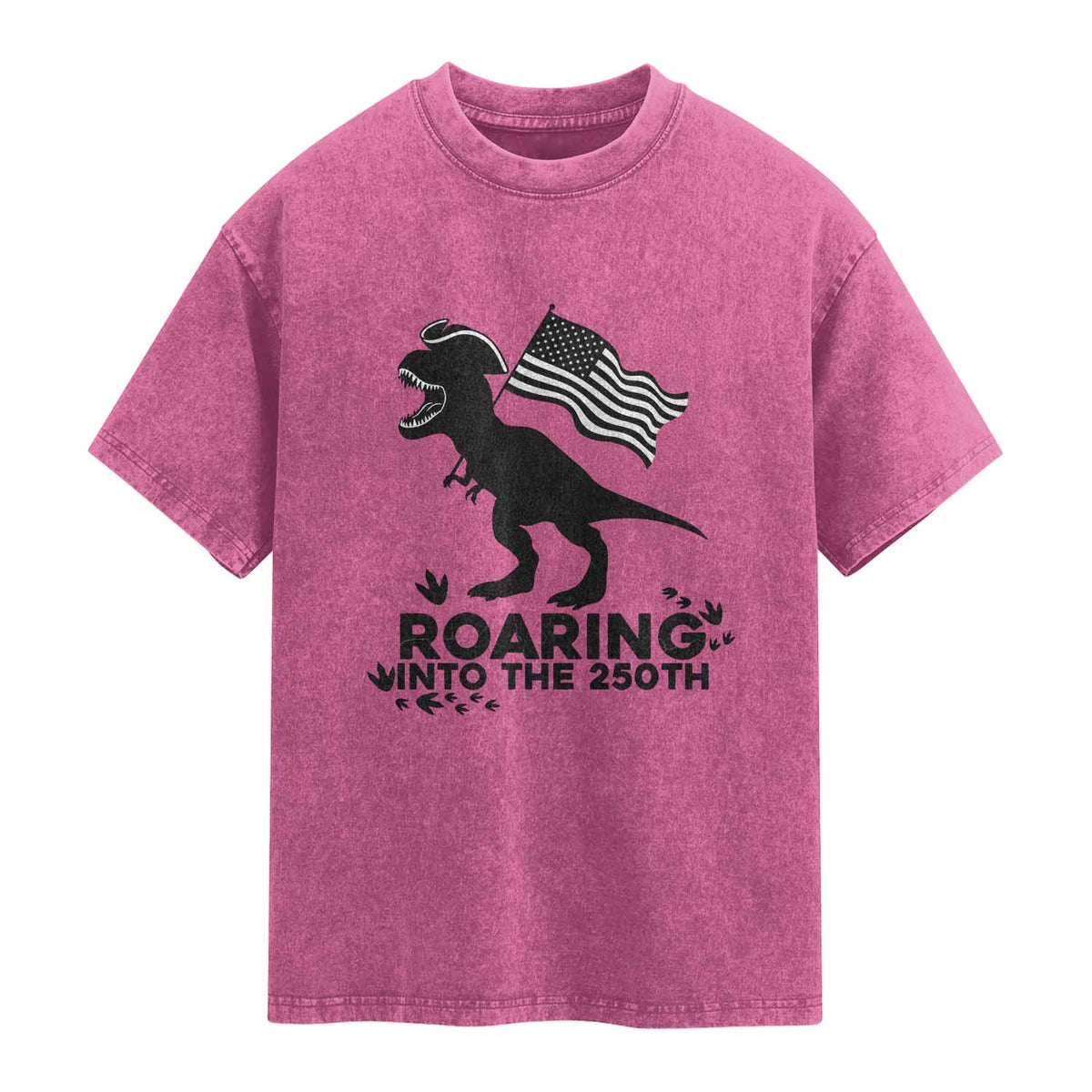 Funny Patriotic Dinosaur Washed Cotton T-Shirt Roaring Into The 250th Anniversary