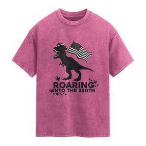 Funny Patriotic Dinosaur Washed Cotton T-Shirt Roaring Into The 250th Anniversary