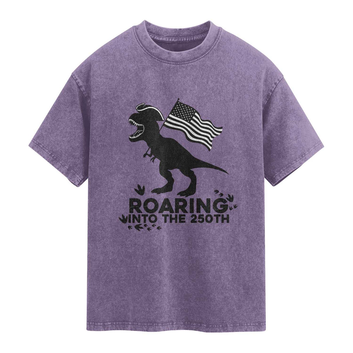 Funny Patriotic Dinosaur Washed Cotton T-Shirt Roaring Into The 250th Anniversary