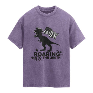 Funny Patriotic Dinosaur Washed Cotton T-Shirt Roaring Into The 250th Anniversary