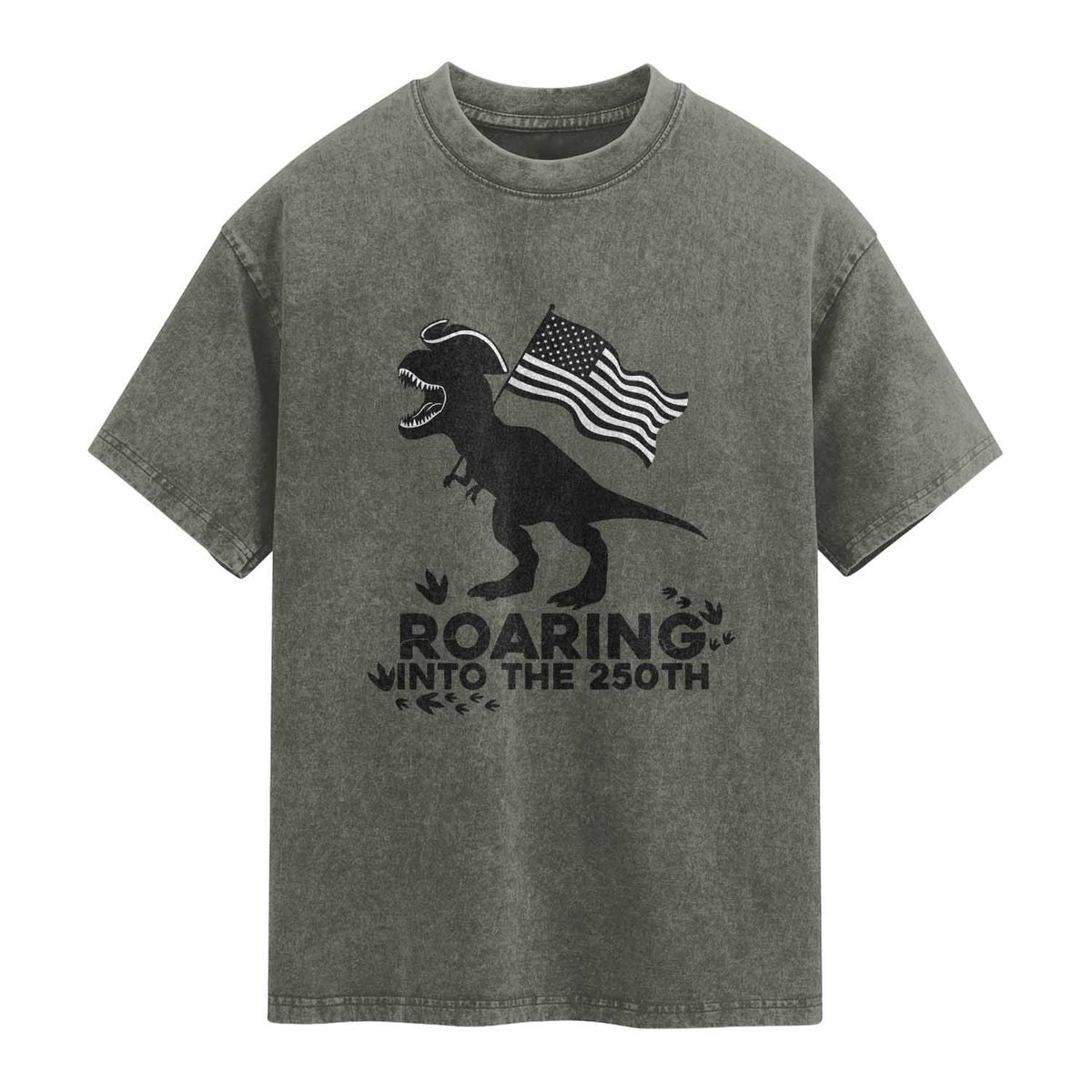 Funny Patriotic Dinosaur Washed Cotton T-Shirt Roaring Into The 250th Anniversary
