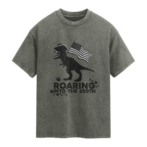 Funny Patriotic Dinosaur Washed Cotton T-Shirt Roaring Into The 250th Anniversary