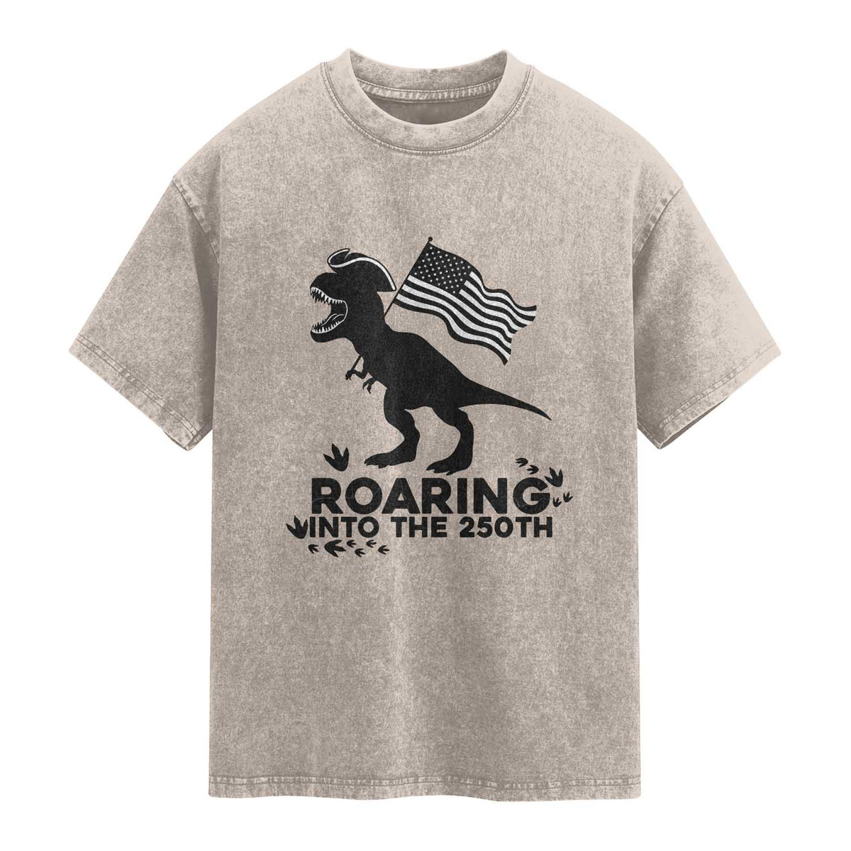 Funny Patriotic Dinosaur Washed Cotton T-Shirt Roaring Into The 250th Anniversary