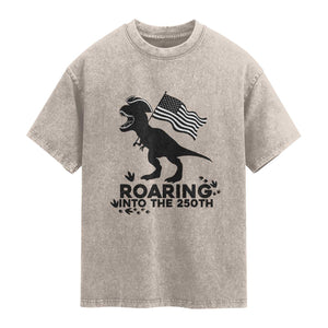Funny Patriotic Dinosaur Washed Cotton T-Shirt Roaring Into The 250th Anniversary