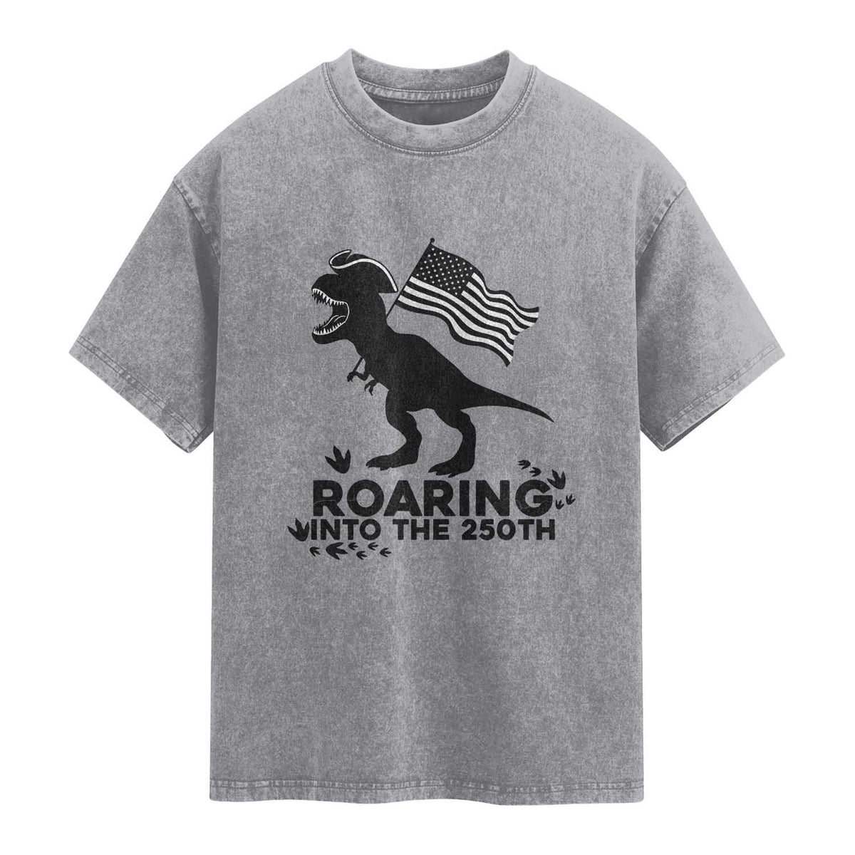 Funny Patriotic Dinosaur Washed Cotton T-Shirt Roaring Into The 250th Anniversary