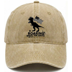 Funny Patriotic Dinosaur Washed Cotton Baseball Cap Roaring Into The 250th Anniversary TS12 Washed Cap Universal Fit Khaki Print Your Wear