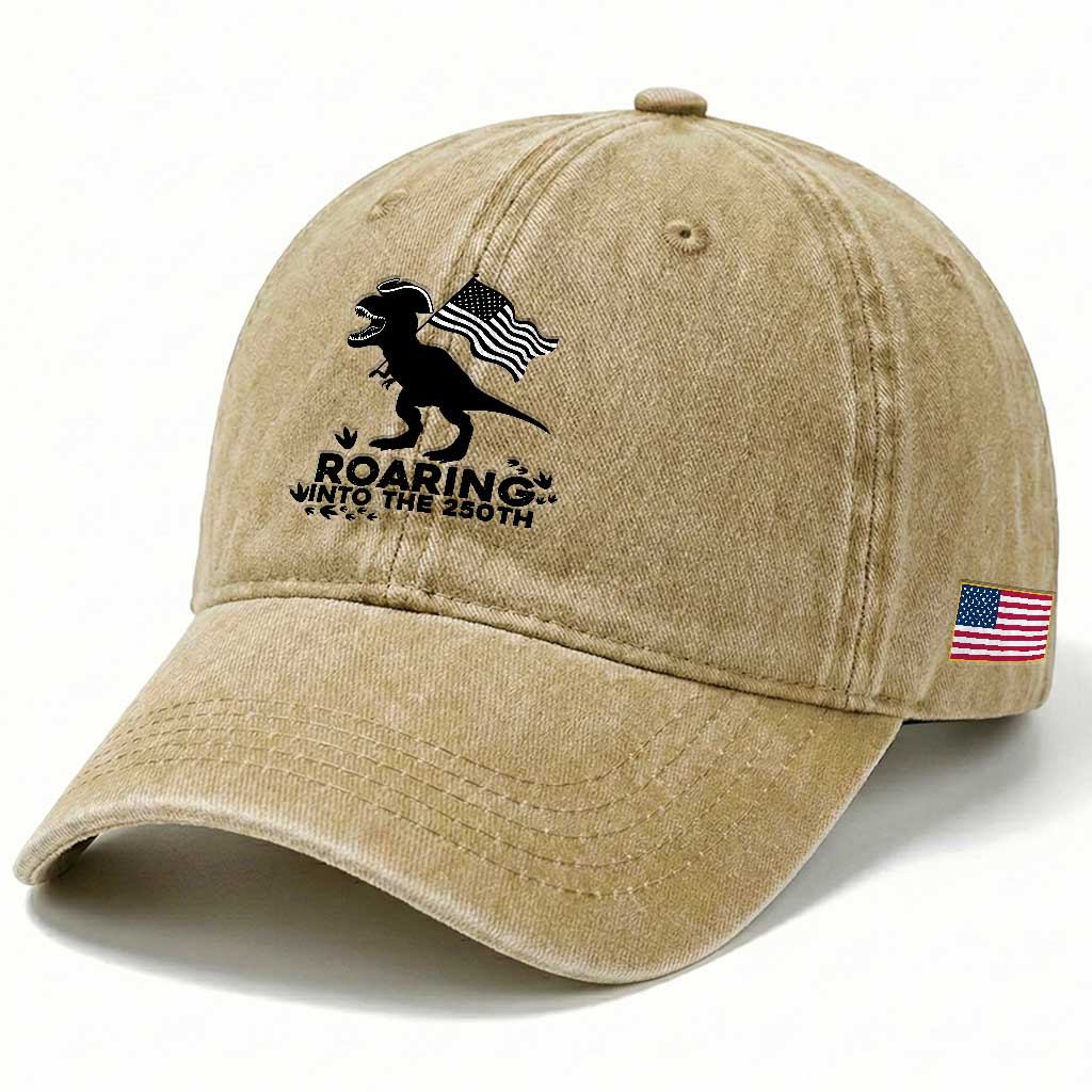 Funny Patriotic Dinosaur Washed Cotton Baseball Cap Roaring Into The 250th Anniversary TS12 Print Your Wear