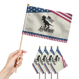 Funny Patriotic Dinosaur Patriotic Handheld Flag Roaring Into The 250th Anniversary TS12 Print Your Wear