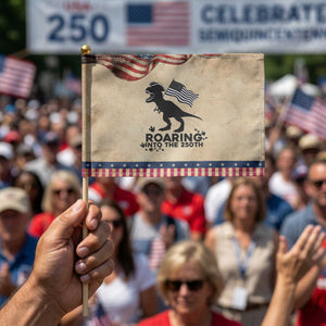 Funny Patriotic Dinosaur Patriotic Handheld Flag Roaring Into The 250th Anniversary TS12 Vintage 8.2" × 5.5" Rustic Tan Navy Print Your Wear