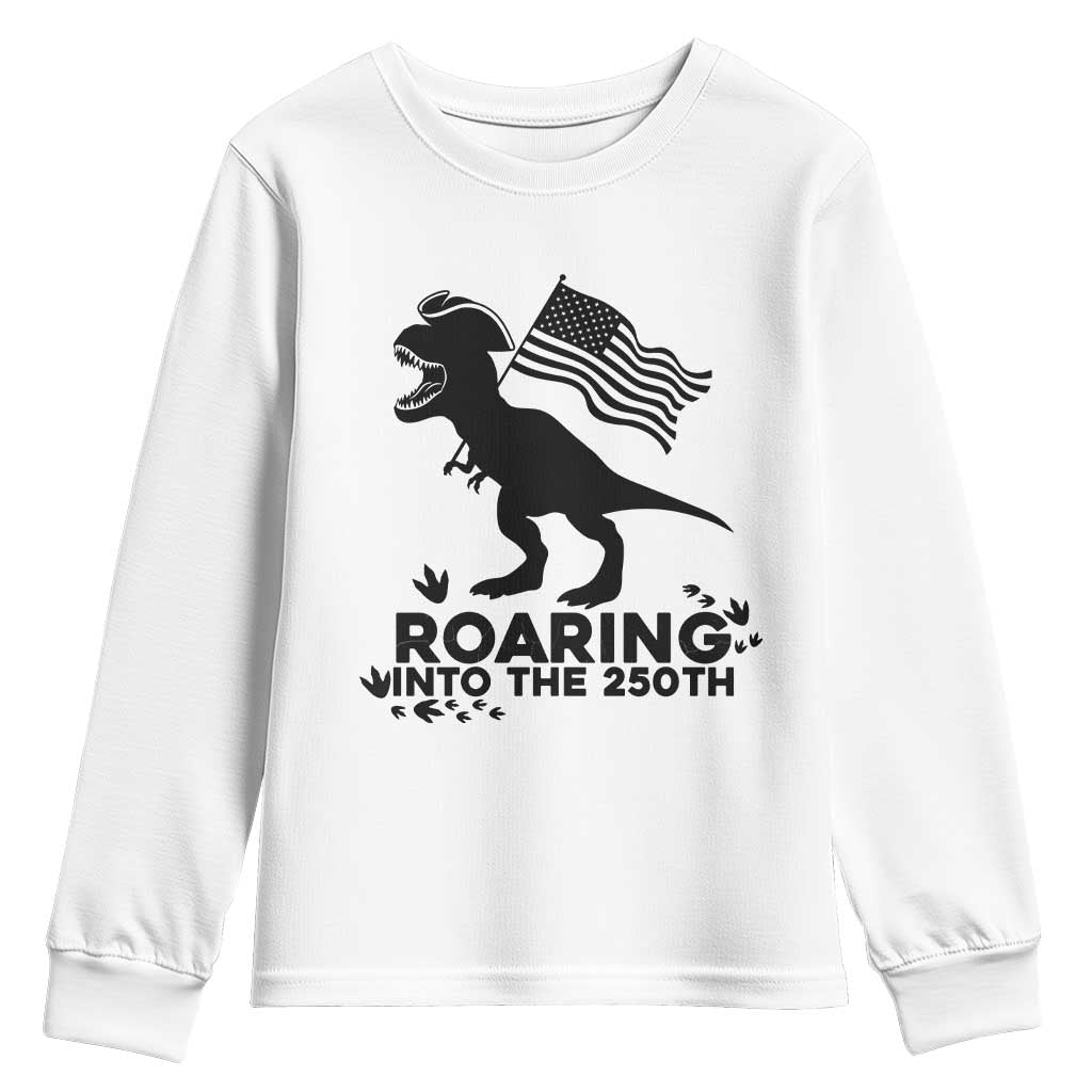 Funny Patriotic Dinosaur Youth Sweatshirt Roaring Into The 250th Anniversary TS12 White Print Your Wear