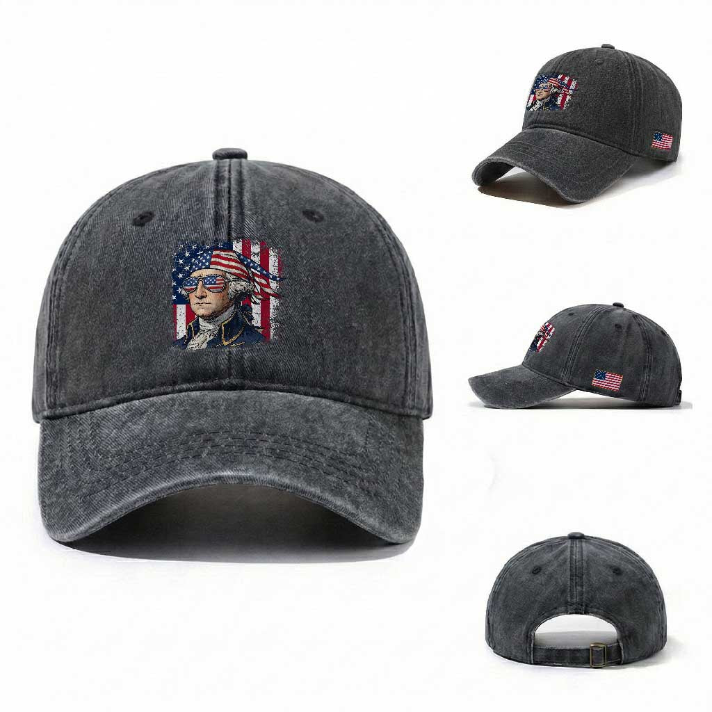 George Washington Patriotic Washed Cotton Baseball Cap USA 250th Anniversary TS12 Washed Cap Universal Fit Dark Gray Print Your Wear