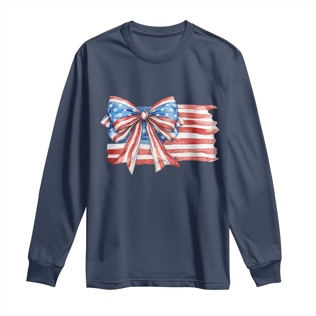 Patriotic American Flag Bow Long Sleeve Shirt Gift For Women TS12 Navy Print Your Wear