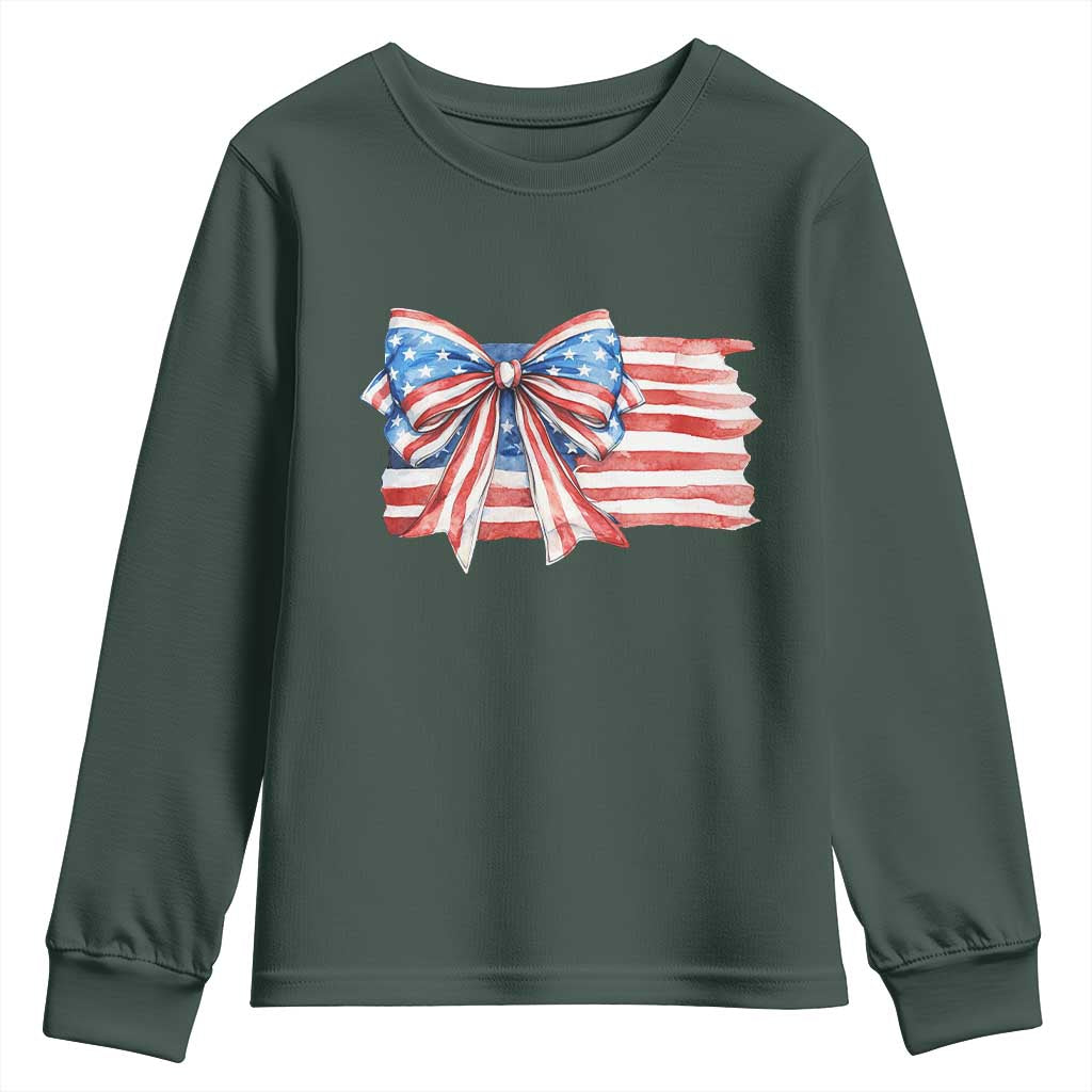 Patriotic American Flag Bow Youth Sweatshirt Gift For Women TS12 Dark Forest Green Print Your Wear