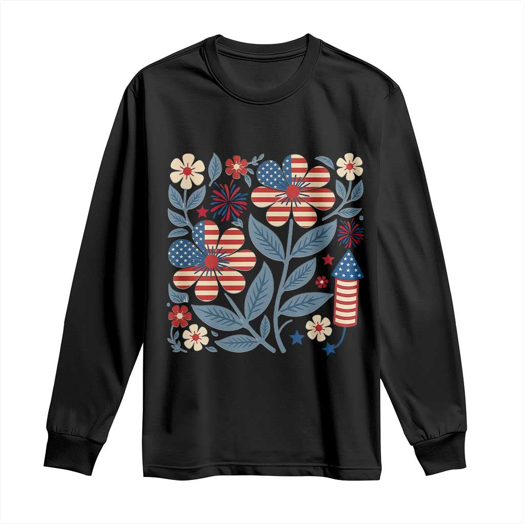 Boho Patriotic Daisy American Flag Floral Long Sleeve Shirt TS12 Black Print Your Wear