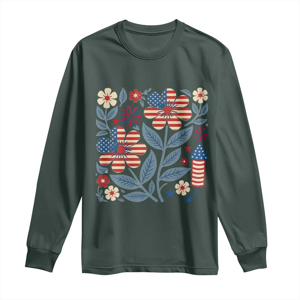 Boho Patriotic Daisy American Flag Floral Long Sleeve Shirt TS12 Dark Forest Green Print Your Wear