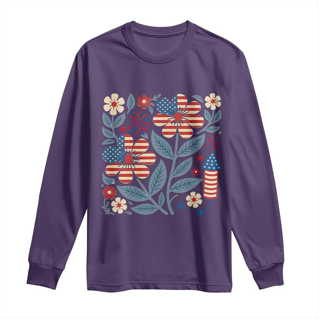 Boho Patriotic Daisy American Flag Floral Long Sleeve Shirt TS12 Purple Print Your Wear