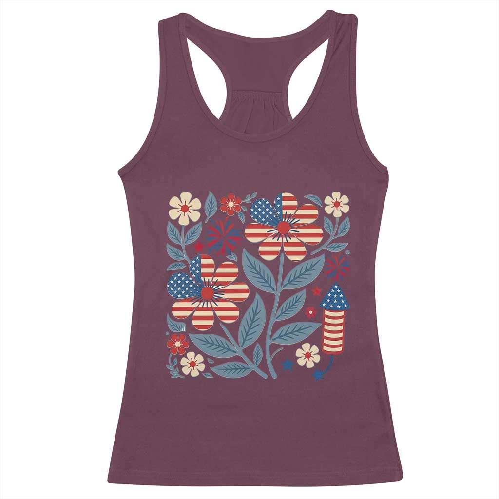 Boho Patriotic Daisy American Flag Floral Racerback Tank Top TS12 Maroon Print Your Wear