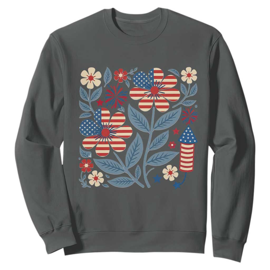 Boho Patriotic Daisy American Flag Floral Sweatshirt TS12 Dark Heather Print Your Wear