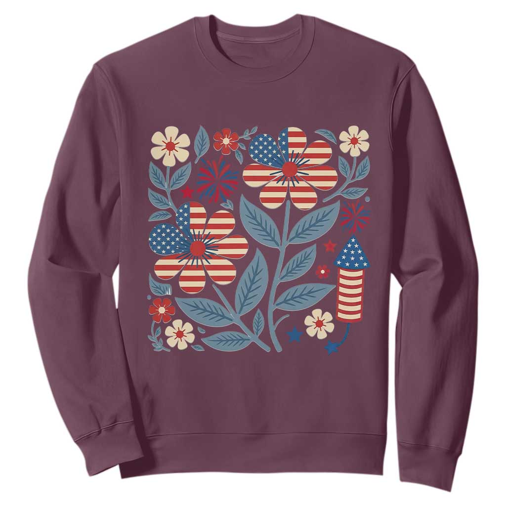 Boho Patriotic Daisy American Flag Floral Sweatshirt TS12 Maroon Print Your Wear