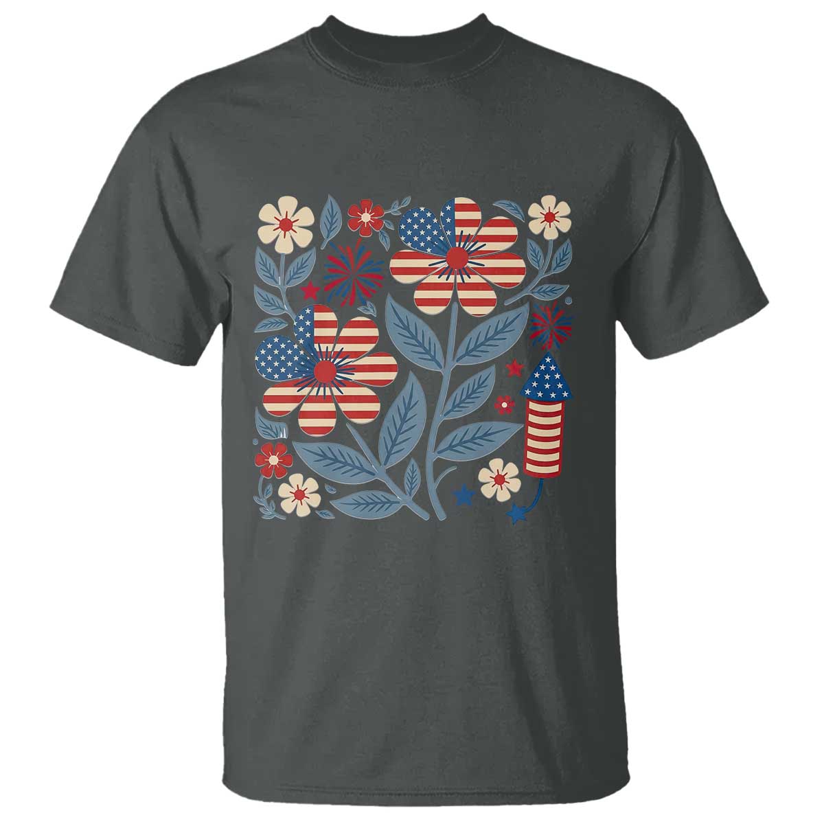 Boho Patriotic Daisy American Flag Floral T Shirt TS12 Dark Heather Print Your Wear