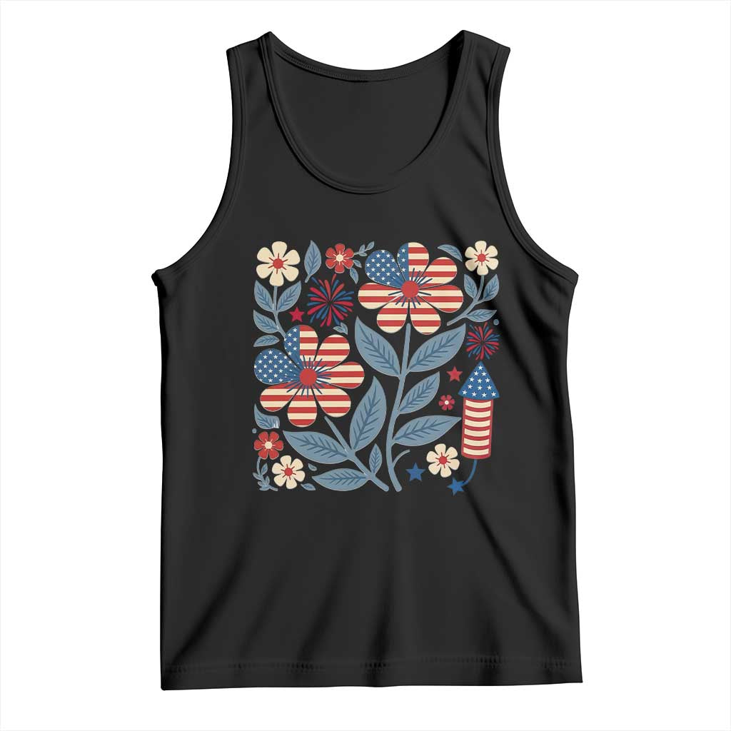 Boho Patriotic Daisy American Flag Floral Tank Top TS12 Black Print Your Wear