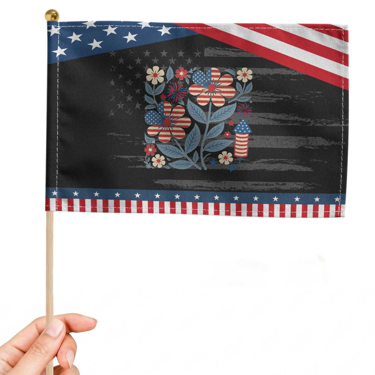 Boho Patriotic Daisy American Flag Floral Patriotic Handheld Flag TS12 Distressed 8.2