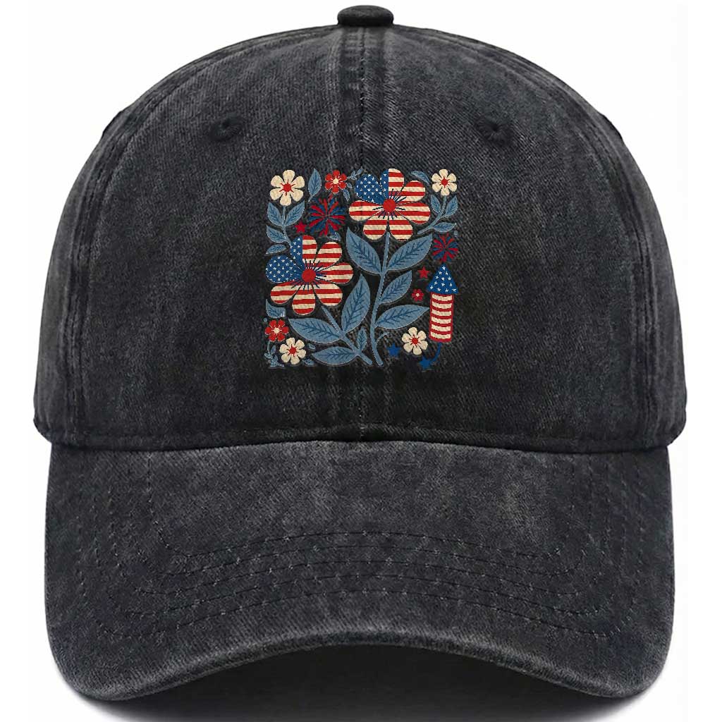 Boho Patriotic Daisy American Flag Floral Washed Cotton Baseball Cap TS12 Washed Cap Universal Fit Black Print Your Wear