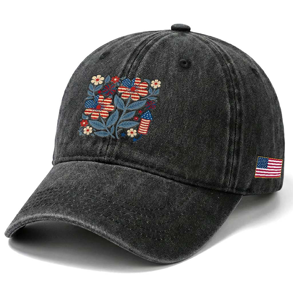 Boho Patriotic Daisy American Flag Floral Washed Cotton Baseball Cap TS12 Print Your Wear