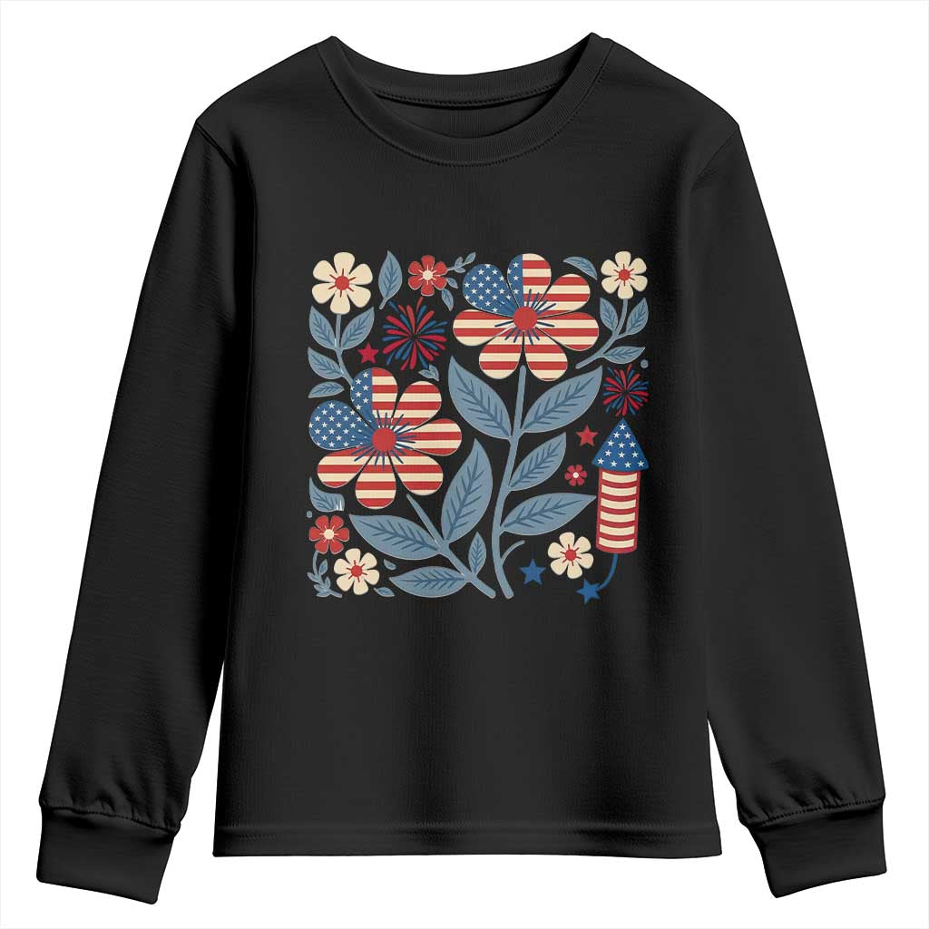 Boho Patriotic Daisy American Flag Floral Youth Sweatshirt TS12 Black Print Your Wear