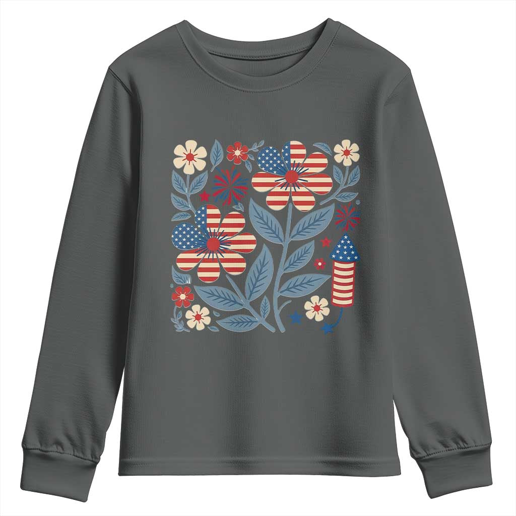 Boho Patriotic Daisy American Flag Floral Youth Sweatshirt TS12 Dark Heather Print Your Wear