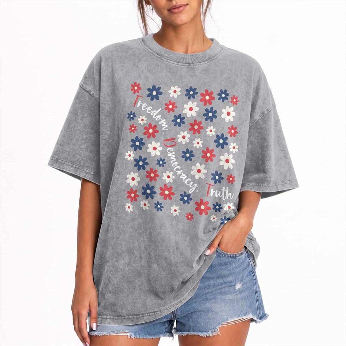 Freedom Democracy Truth Washed Cotton T-Shirt Patriotic Floral