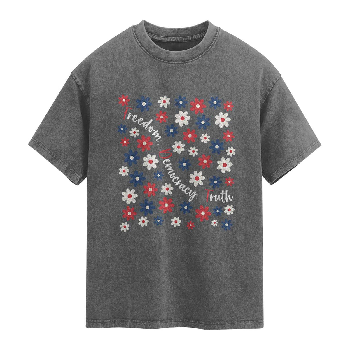 Freedom Democracy Truth Washed Cotton T-Shirt Patriotic Floral