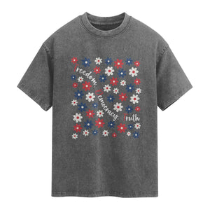 Freedom Democracy Truth Washed Cotton T-Shirt Patriotic Floral
