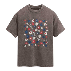 Freedom Democracy Truth Washed Cotton T-Shirt Patriotic Floral