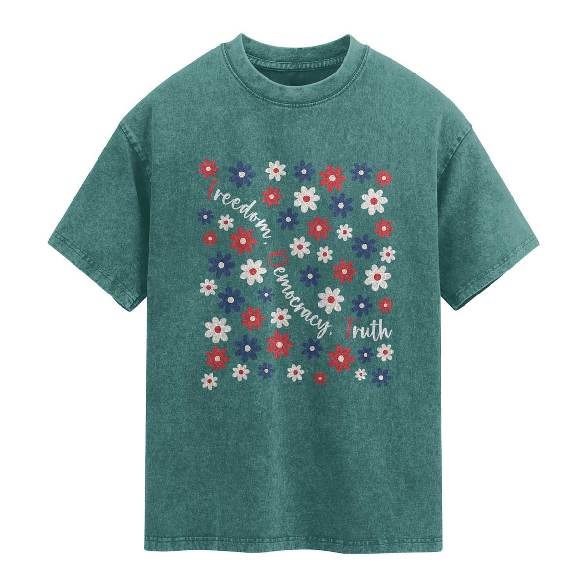 Freedom Democracy Truth Washed Cotton T-Shirt Patriotic Floral