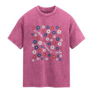 Freedom Democracy Truth Washed Cotton T-Shirt Patriotic Floral