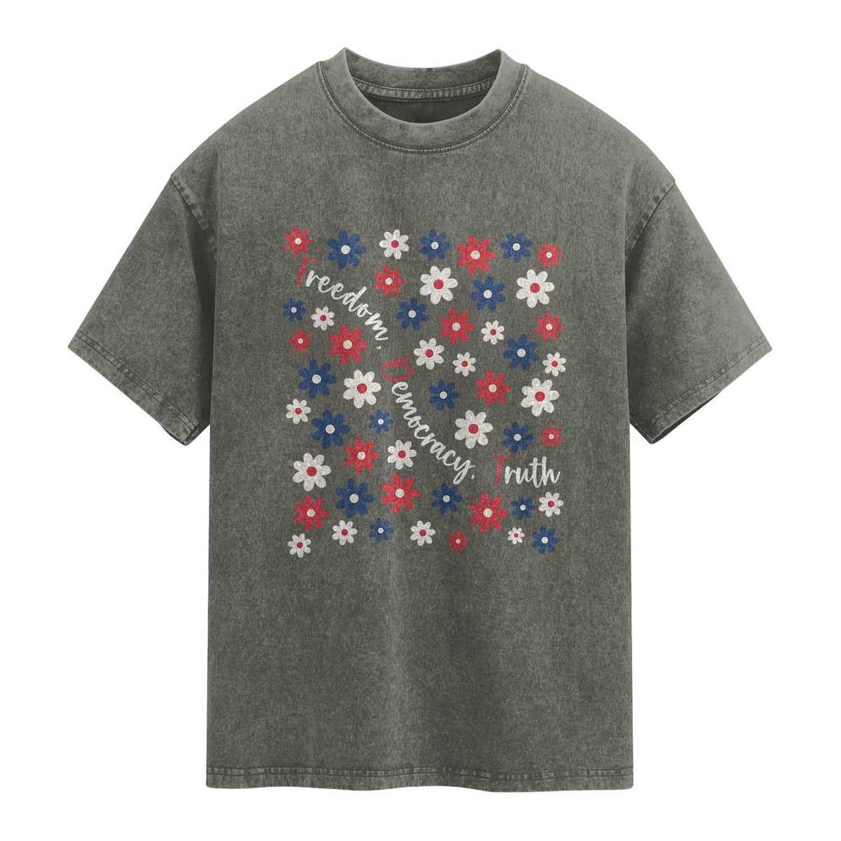 Freedom Democracy Truth Washed Cotton T-Shirt Patriotic Floral