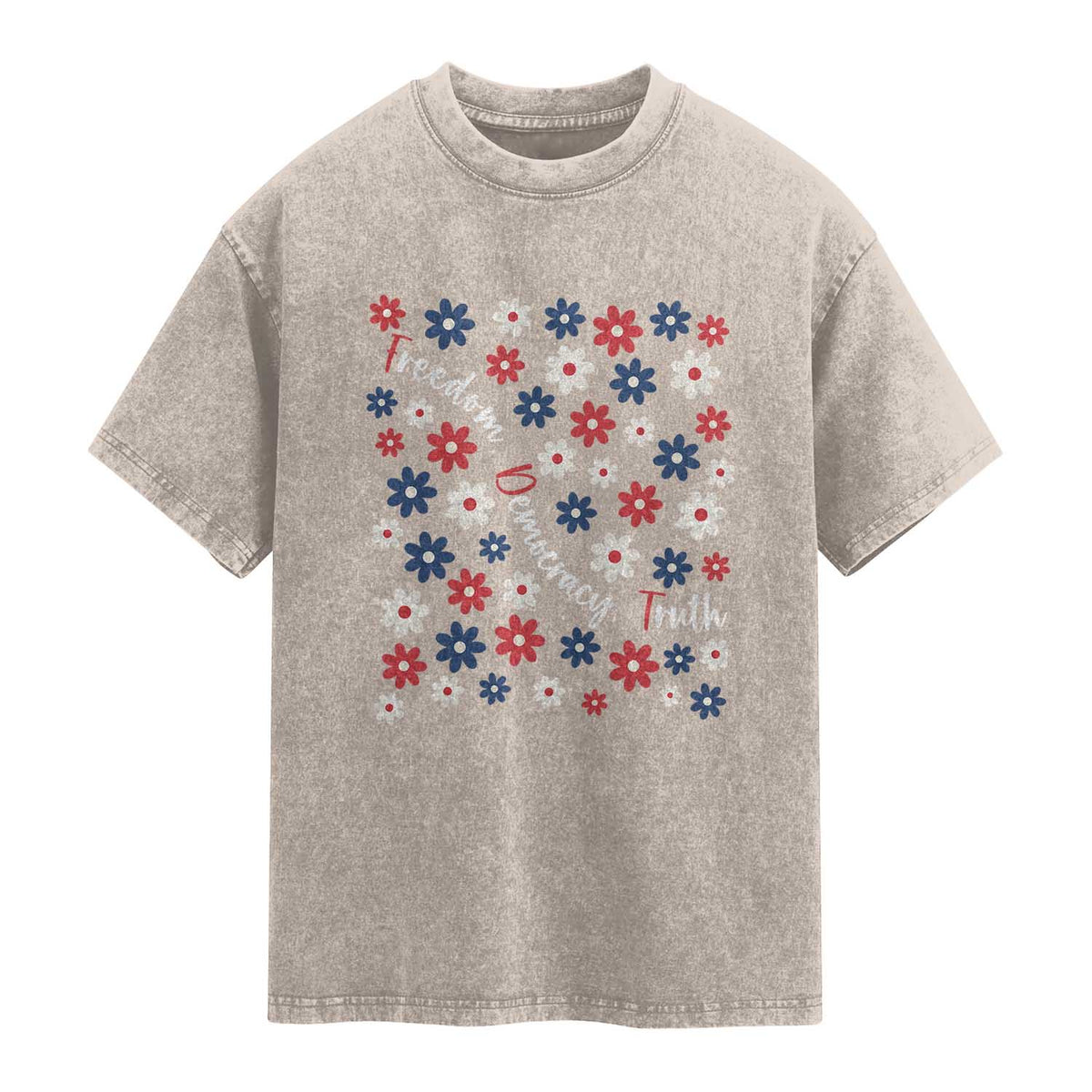 Freedom Democracy Truth Washed Cotton T-Shirt Patriotic Floral