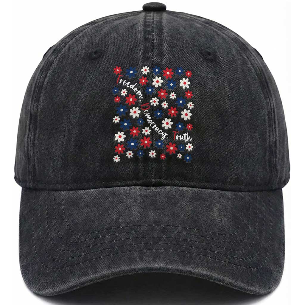 Freedom Democracy Truth Washed Cotton Baseball Cap Patriotic Floral TS12 Washed Cap Universal Fit Black Print Your Wear
