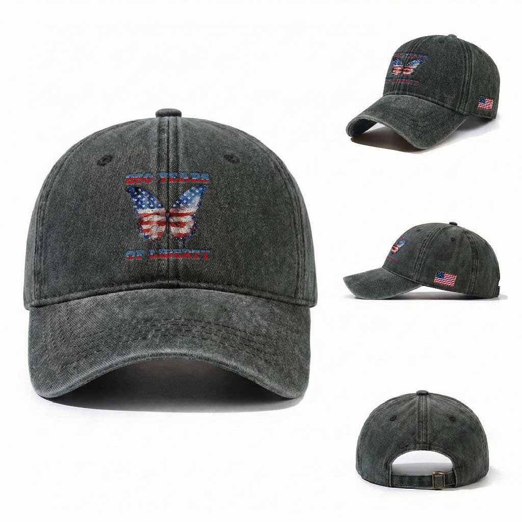 Patriotic Butterfly Washed Cotton Baseball Cap 250 Years Of Liberty TS12 Washed Cap Universal Fit Dark Green Print Your Wear