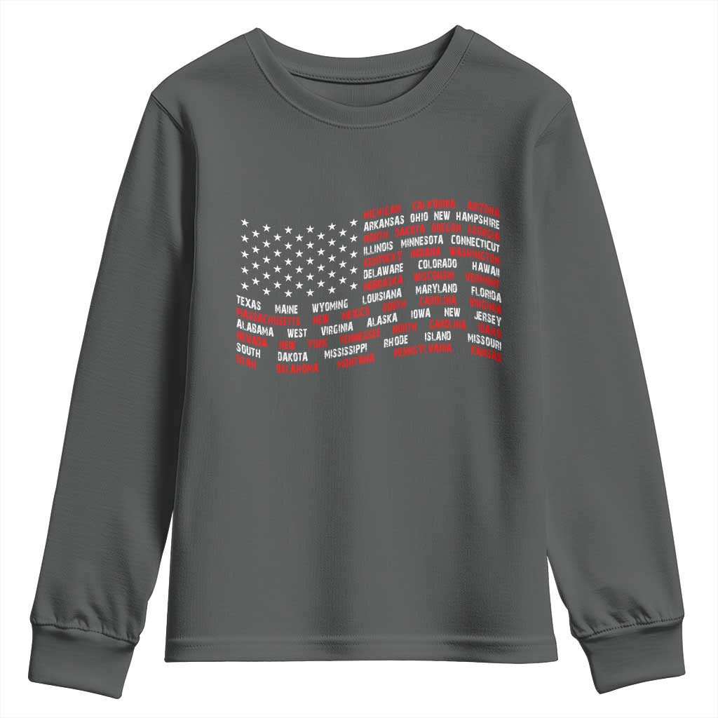 Vintage American Flag 50 States Youth Sweatshirt Patriotic Gift TS12 Dark Heather Print Your Wear