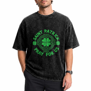 Saint Patrick Pray For Us Washed Cotton T-Shirt St Patricks Day Celtic Cross