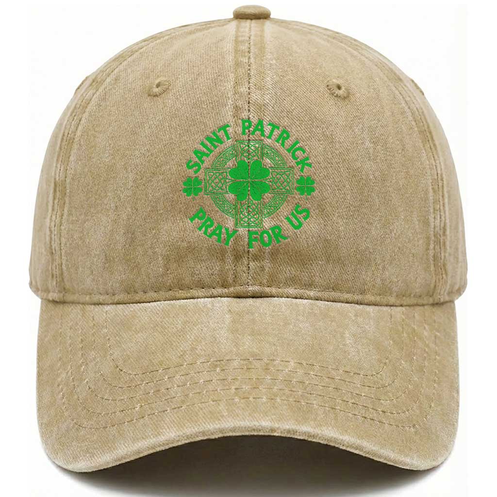 Saint Patrick Pray For Us Washed Cotton Baseball Cap St Patricks Day Celtic Cross TS12 Print Your Wear