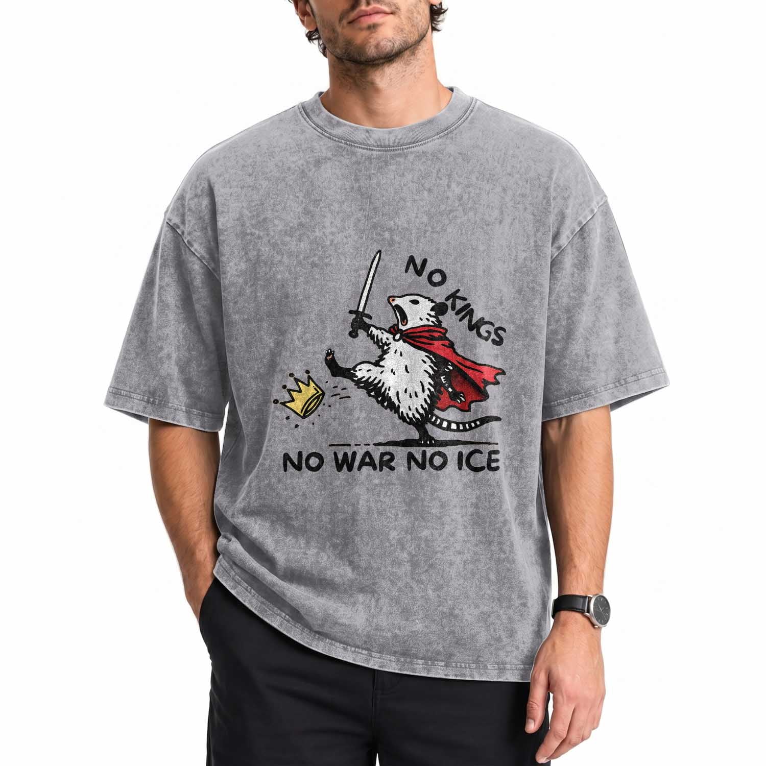 Funny Opossum Warrior Political Gift Washed Cotton T-Shirt No Kings No Wars No Ice