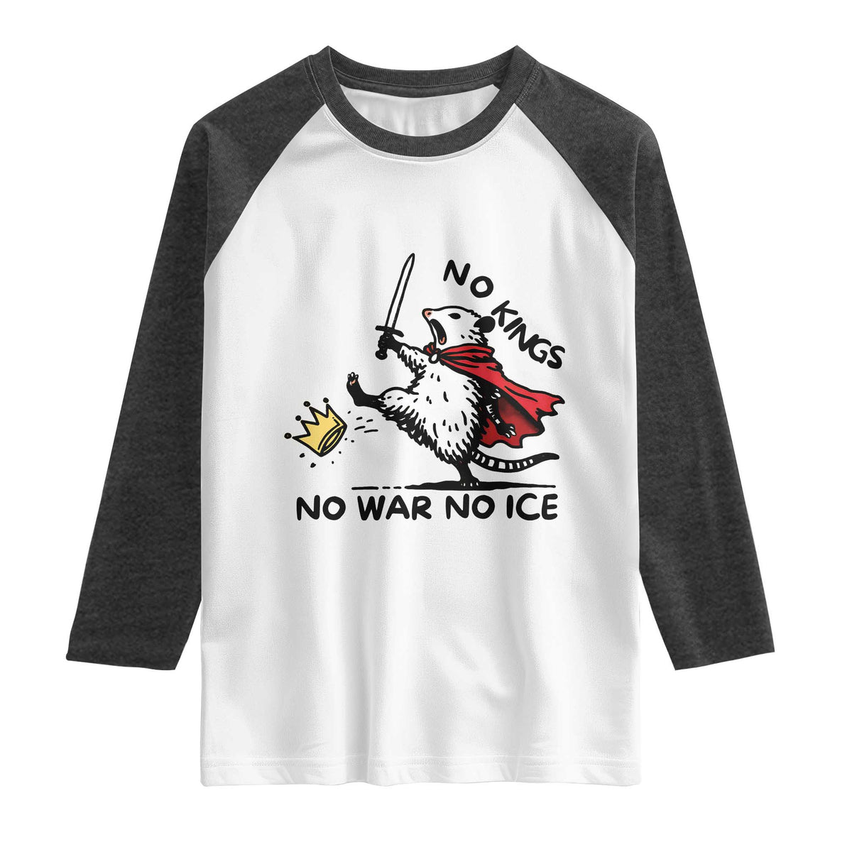 Funny Opossum Warrior Political Gift Raglan Shirt No Kings No Wars No Ice TS12 White Heather Charcoal Print Your Wear