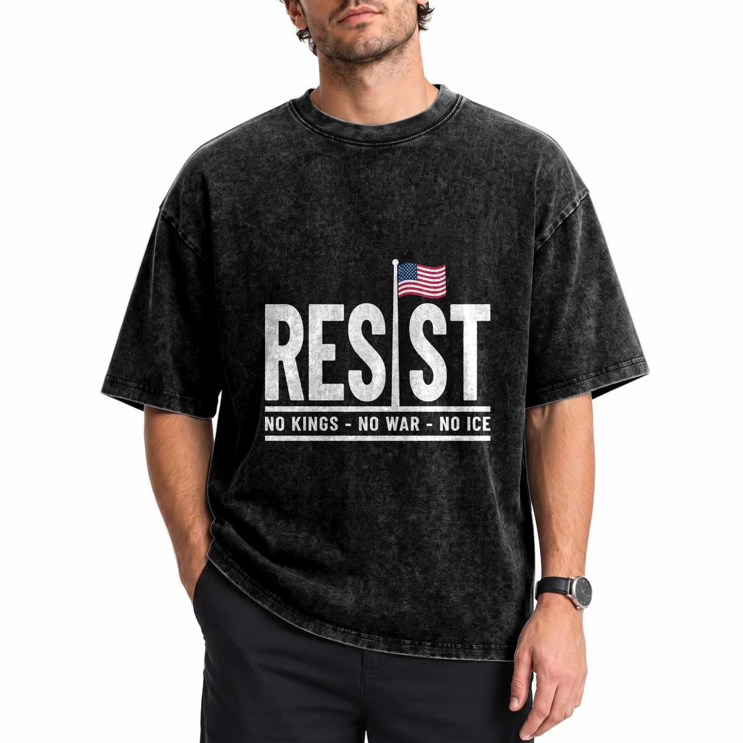 No Kings No Wars No Ice Washed Cotton T-Shirt Anti Trump Political
