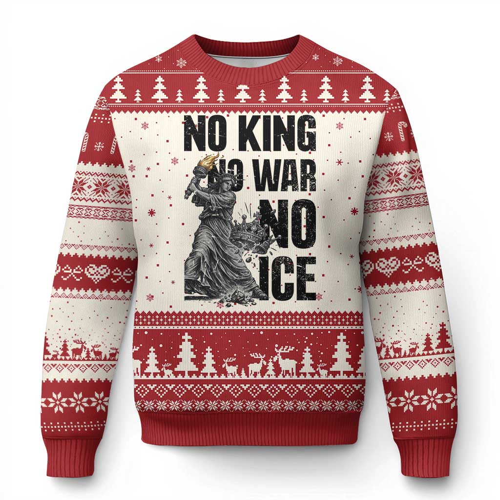 Statue Of Liberty Freedom Protest Ugly Christmas Sweater No Kings No Wars No Ice TS12 Beige Red Print Your Wear