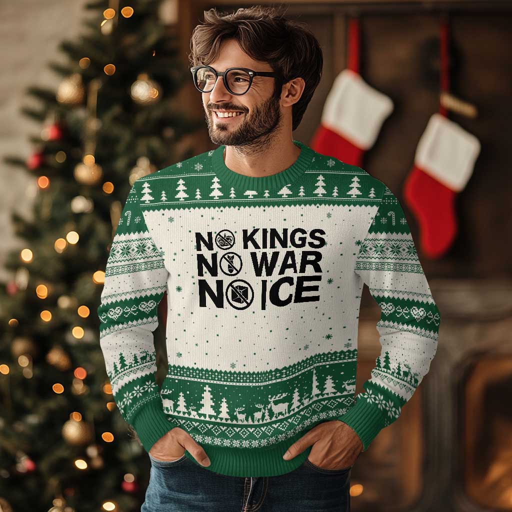 Anti Monarchy Political Ugly Christmas Sweater No Kings No Wars No Ice TS12 Beige Green Print Your Wear
