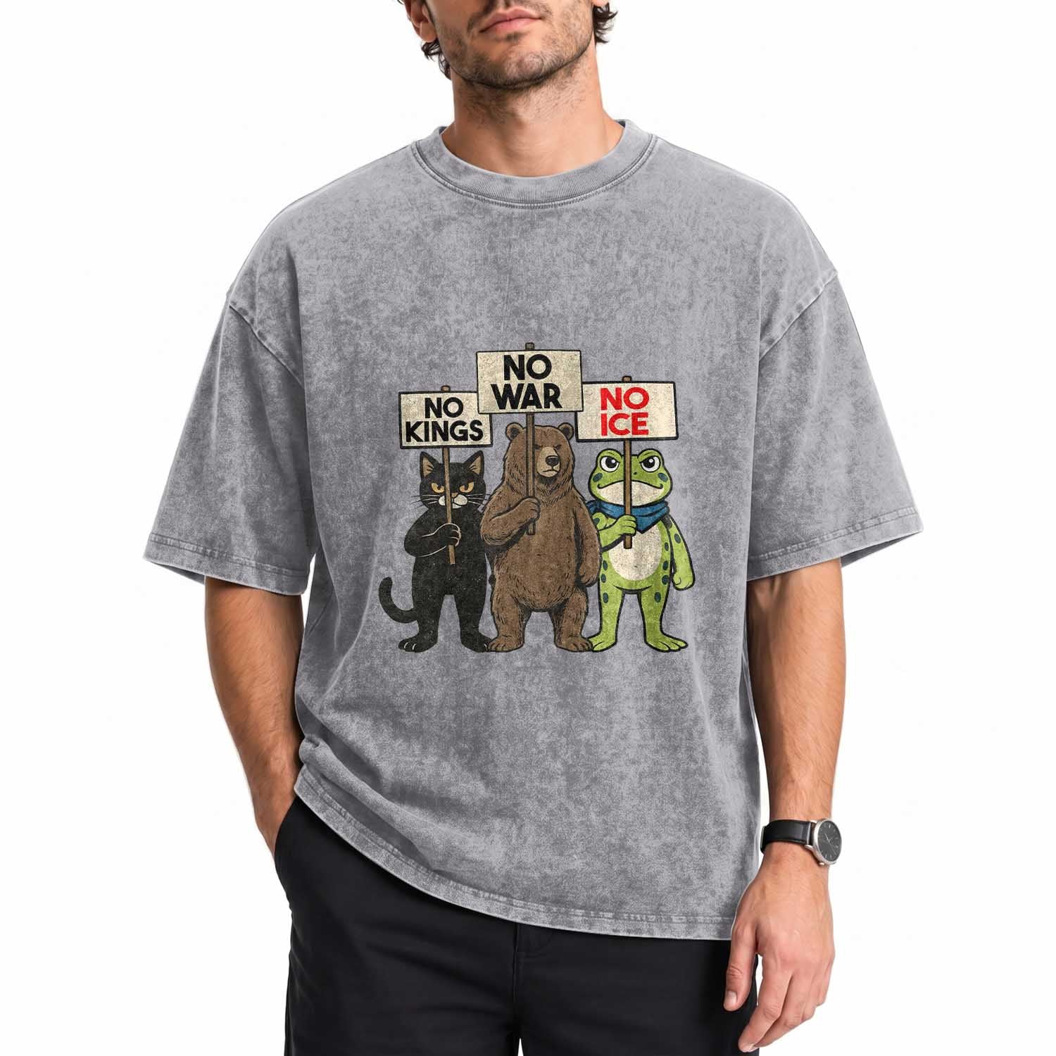 Funny Animal Protest Washed Cotton T-Shirt No Kings No Wars No Ice