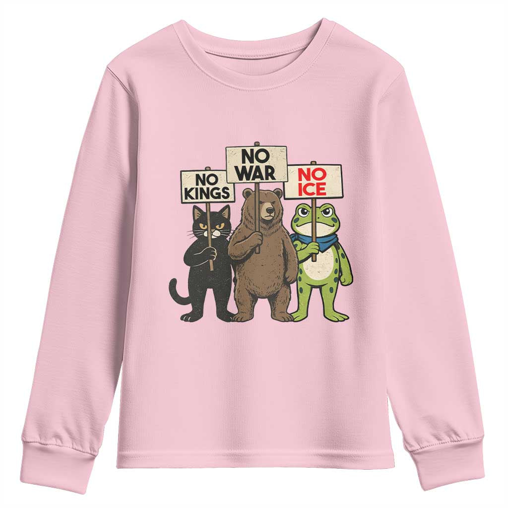 Funny Animal Protest Youth Sweatshirt No Kings No Wars No Ice TS12 Light Pink Print Your Wear